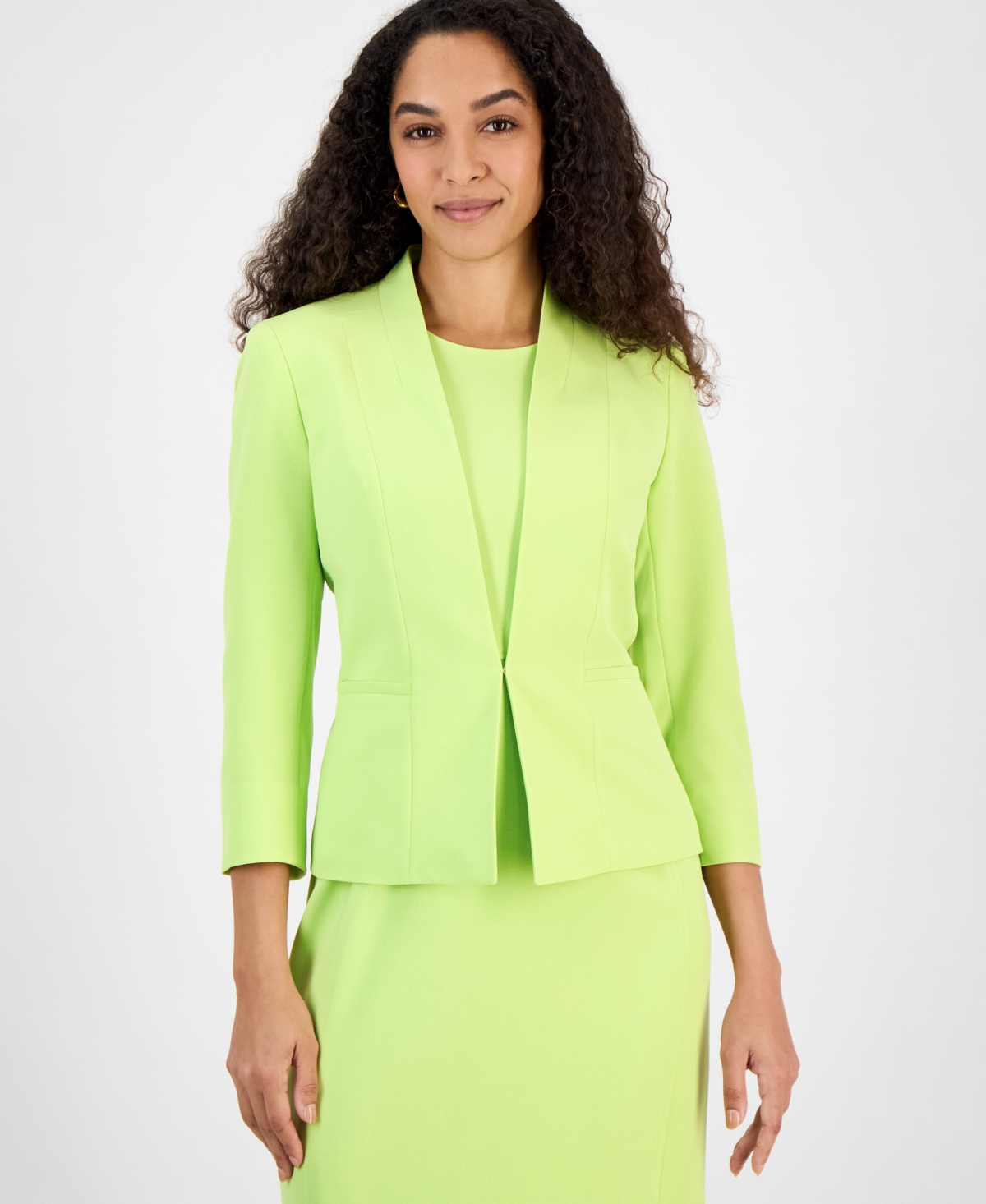 Women's Collarless Open-Front 3/4-Sleeve Jacket, Regular & Petite Sizes - Spring Green