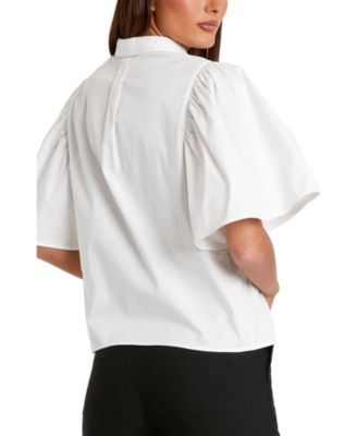 Women's Stretch Cotton Flare Ruffle Sleeve Button Up Top