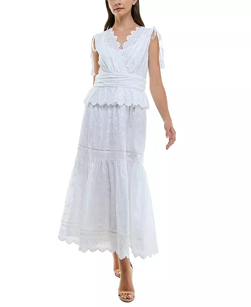 women's cotton eyelet-embroidered tiered dress