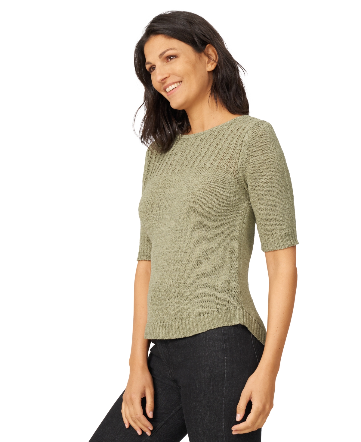 Melissa Paige Petite Elbow-sleeve Ribbed-yoke Sweater In Tea