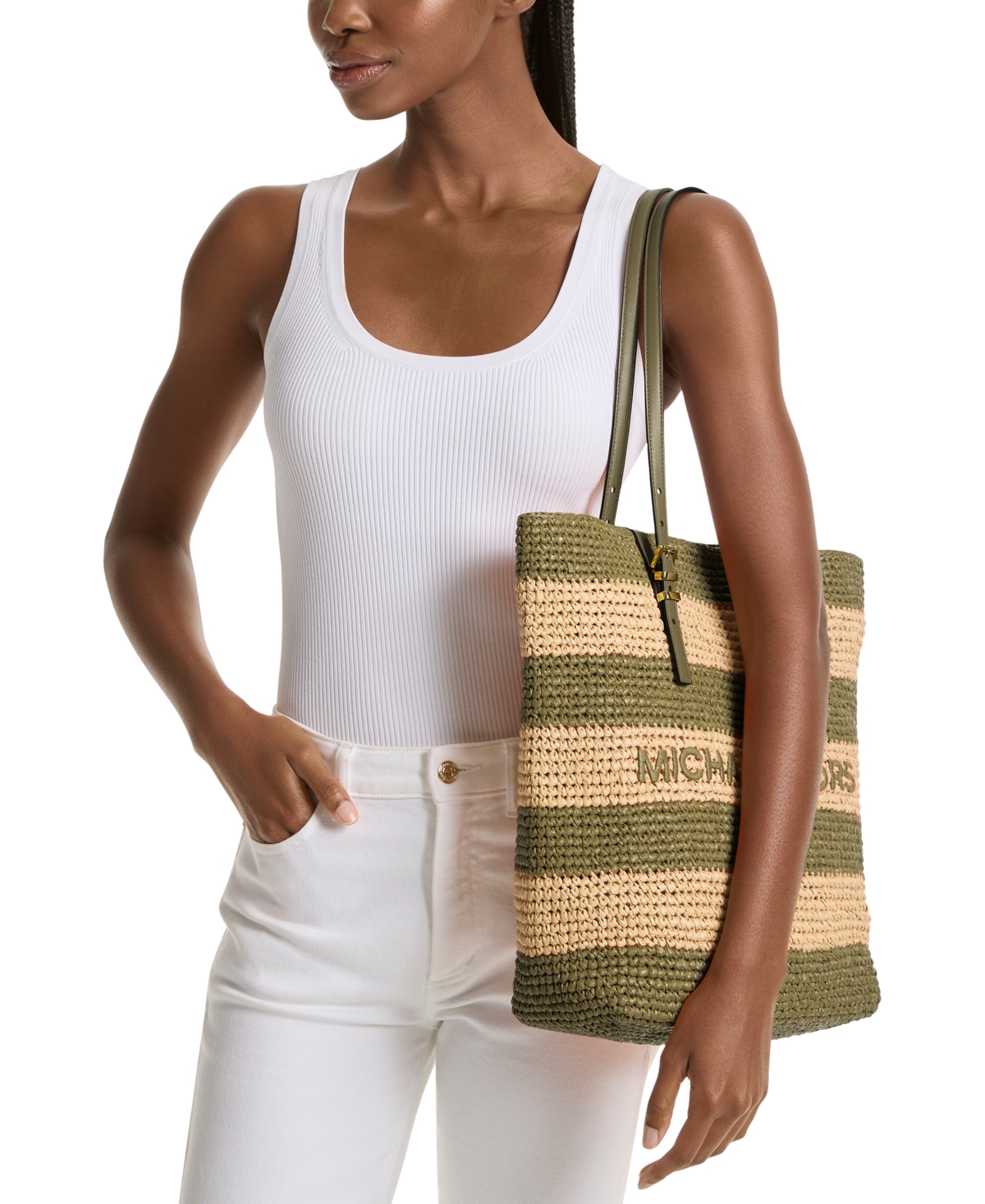 Michael Kors Michael  Quinn Large North South Woven Tote In Safari Green