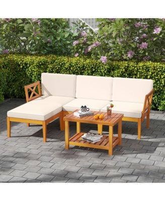 5 PCS Acacia Wood Patio Furniture Set w/ 2-Tier Coffee Table and Cushions