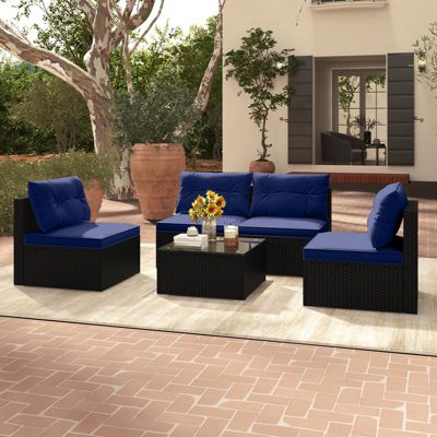 Ratten, Tempered Glass Tabletop 5 PCS Patio Furniture Set w/ Seat & Back Cushions