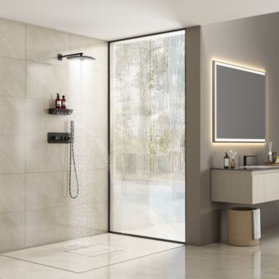 12 Inch Wall Mounted Thermostatic Shower System with Handheld Sprayer Rainfall Shower System with Neck/Back Massage Spout Shampoo Shelf