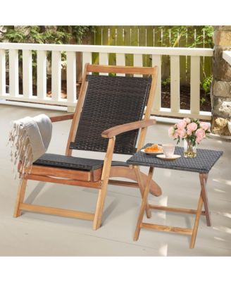4PCS Patio Rattan Folding Lounge Chair Table Acacia Wood withRetractable Footrest
