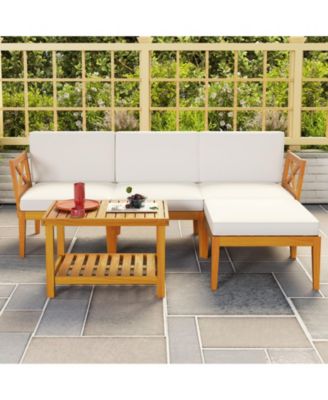 5 Pieces Acacia Wood Patio Furniture Set with 2-Tier Coffee Table and Cushions-White