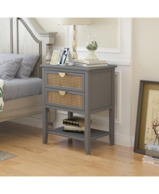 2 Drawer Nightstand Bedside Table with Rattan Drawers Side Table End Table with Storage Small Nightstand with Open Shelf for Bedroom