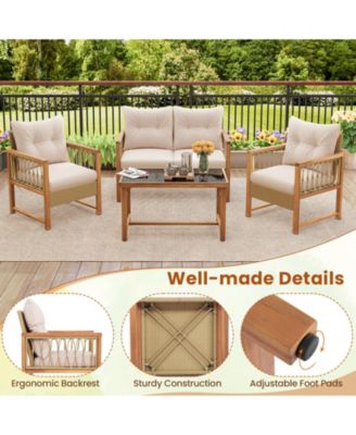 4 Pieces Outdoor Patio PE Wicker Conversation Bistro Set with Acacia Wood Frame
