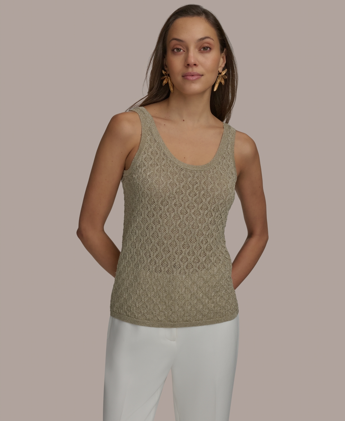 Women's Metallic Sweater Knit Tank Top - Cream/Gold