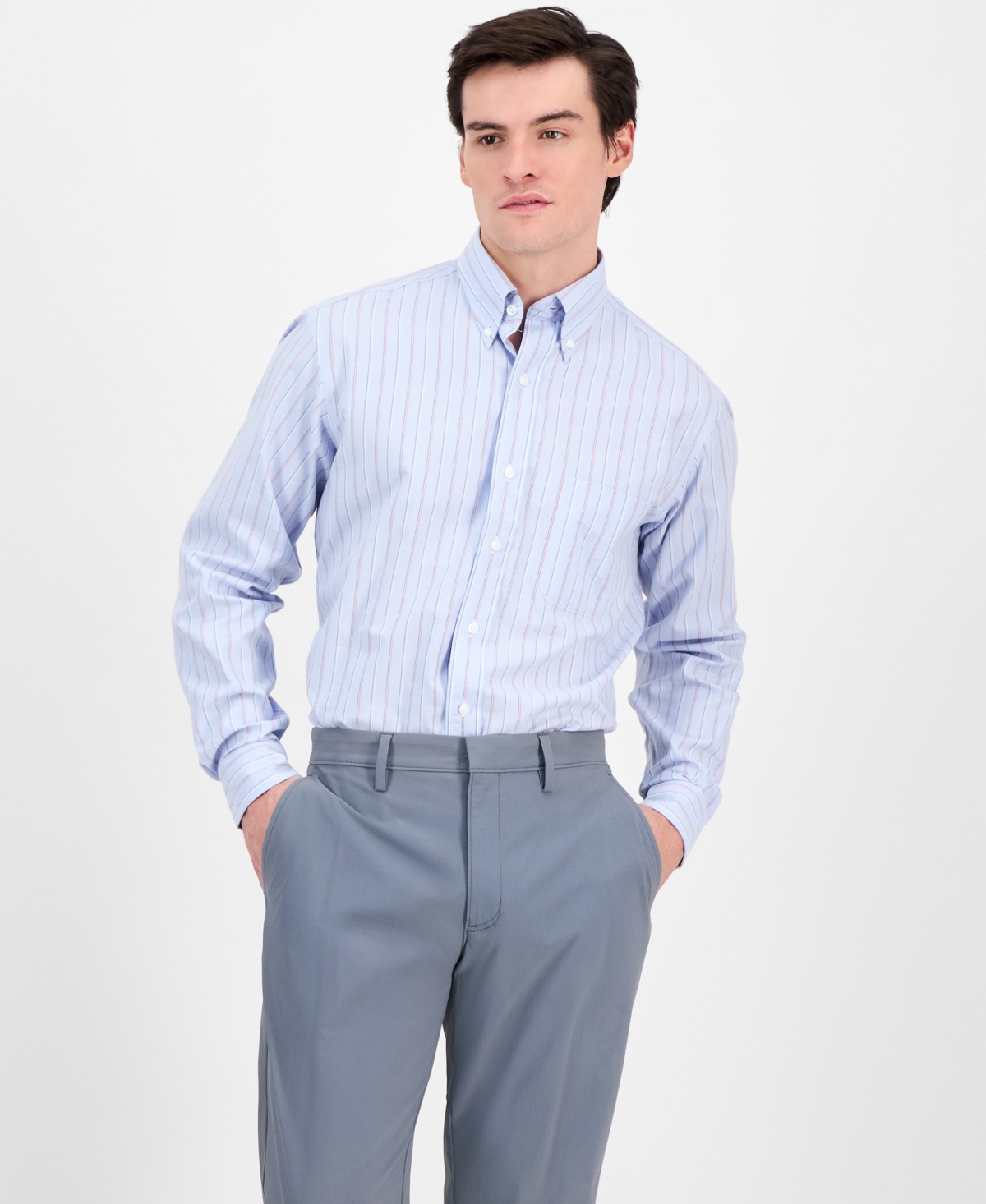 Men's Stripe Oxford Dress Shirt, Exclusively at Macy's - Light Blue Red