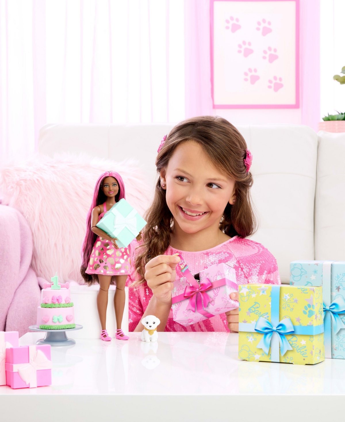 Barbie Party Unboxed Pet Birthday Series Doll & Accessories, Shimmerin' Hearts Set With 10 Surprises In Multi-color