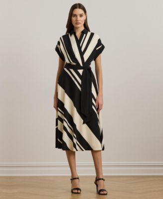 Lauren Ralph Lauren ★【Aライン ドレス】Crepe Striped Lauren Ralph Lauren Crepe Striped Spread Collar Short Sleeve
