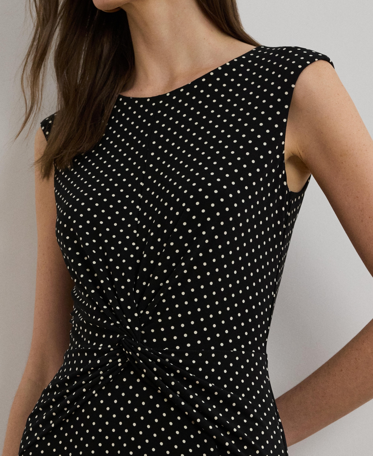 Ralph Lauren Polka-dot Twist-front Jersey Dress In Black,cream