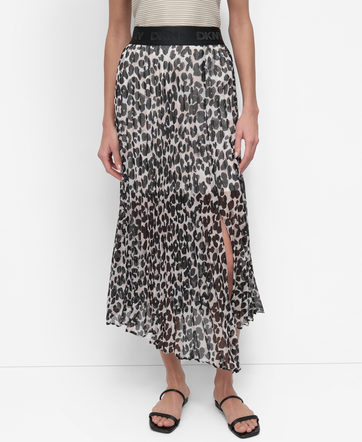 Dkny Print Asymmetric Midi Skirt In Sprng Anml Ivy