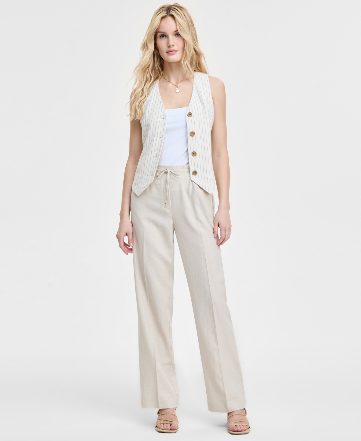 Jones New York Womens Striped Button Front Vest Wide Leg Pants In Natural Stone