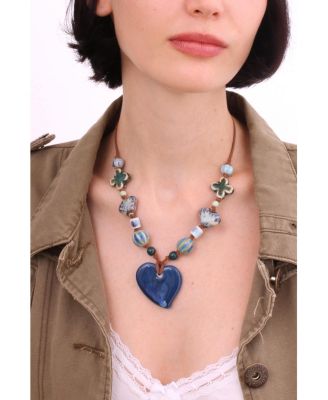 Ceramic Blue Heart Suede Cord Necklace 16.5"