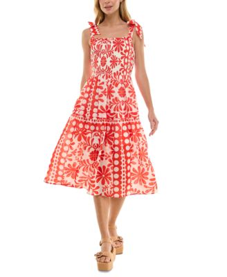 Crystal Doll Juniors' Square-Neck Tie-Straps Smocked A-line Dress