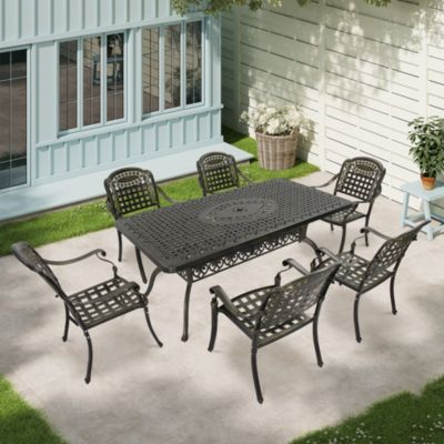 7pcs Outdoor Furniture Set Cast Aluminium Patio Dining Set 6 Outdoor Dining Chairs and 71 Inches Rectangular Dining Table for Balcony Porch Backyard Garden