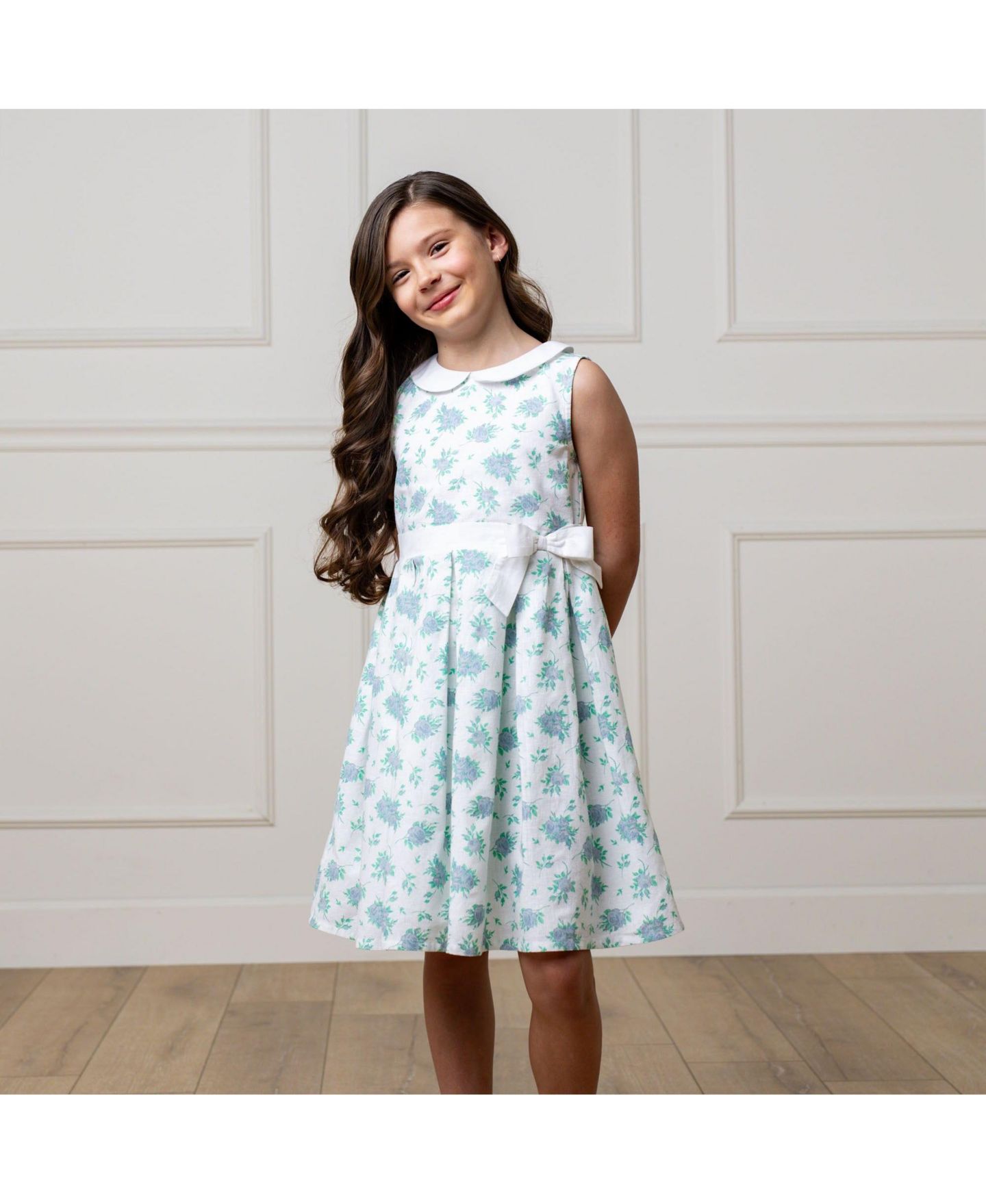 Платье Hope & Henry Heirloom Linen Sleeveless Peter Pan Collar Tea Dress with Waist Sash для девочек-малышей, цвет: С принтом — фото 3