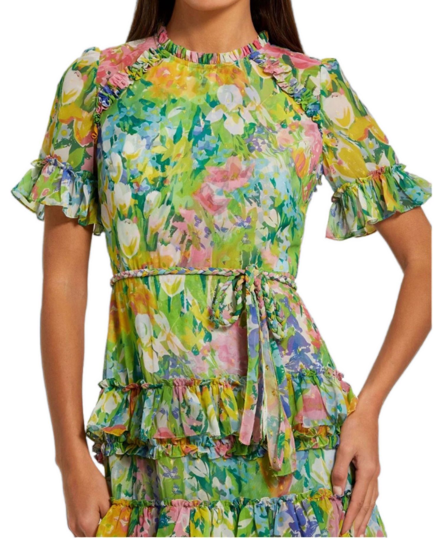 Women's Floral Printed Chiffon Tiered Ruffle Gown