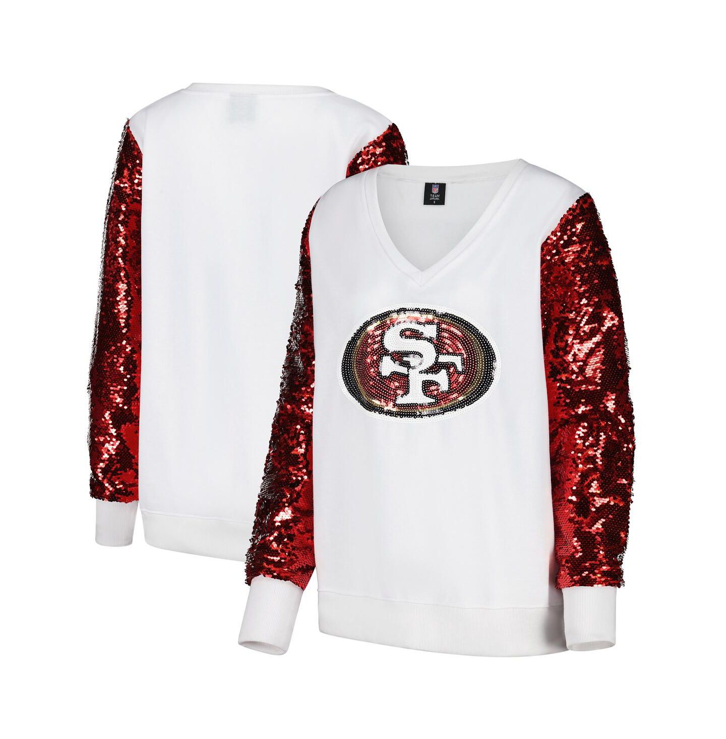 Женский свитшот Cuce White/Red San Francisco 49ers Sequin Sleeve V-Neck Pullover — фото 1