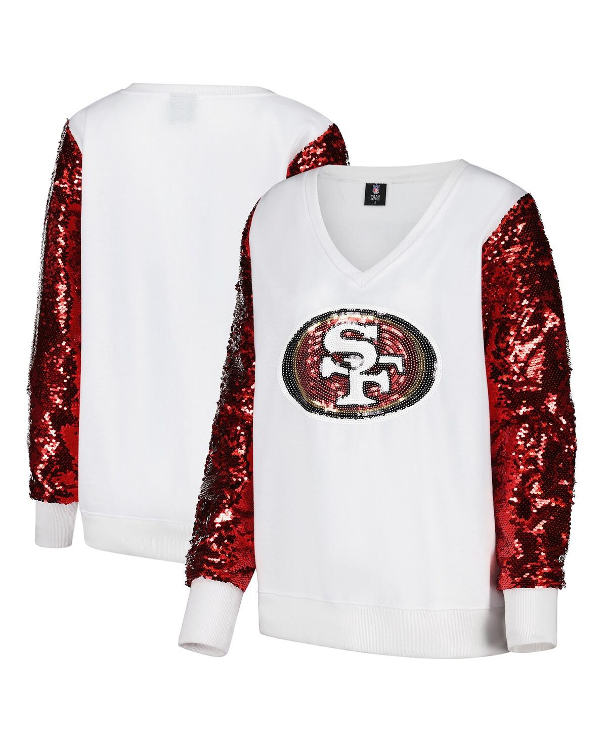 Women's White/Red San Francisco 49ers Sequin Sleeve V-Neck Pullover Sweatshirt - White, Red