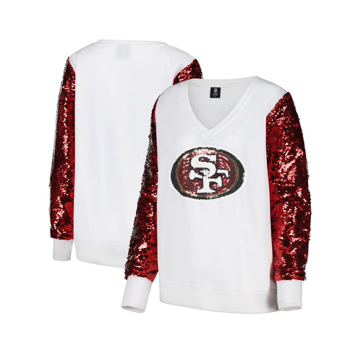 Women's White/Red San Francisco 49ers Sequin Sleeve V-Neck Pullover Sweatshirt