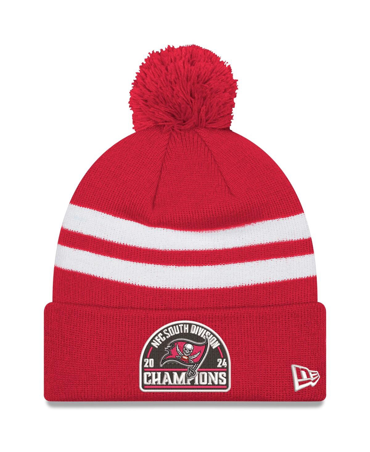 NEW ERA MEN'S RED TAMPA BAY BUCCANEERS 2024 NFC SOUTH DIVISION CHAMPIONS STRIPED CUFFED KNIT HAT WITH POM 