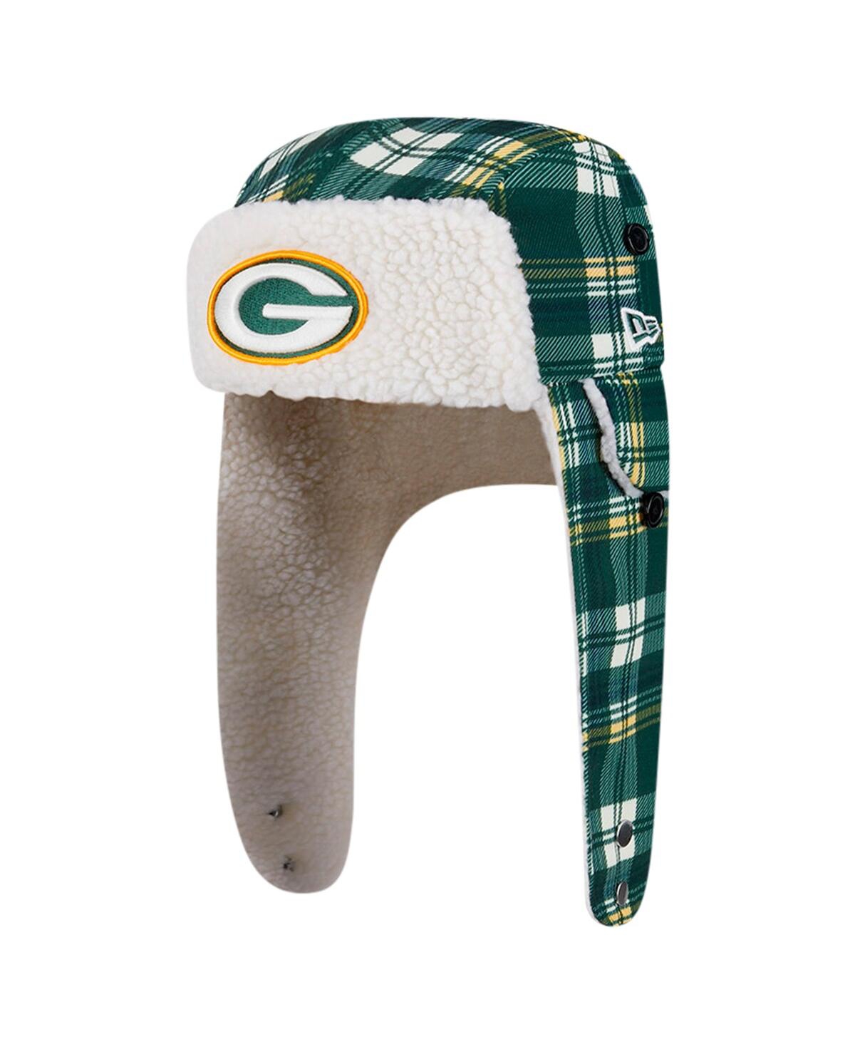 New Era Green Green Bay Packers Sideline Plaid Sherpa Trapper Hat In Green