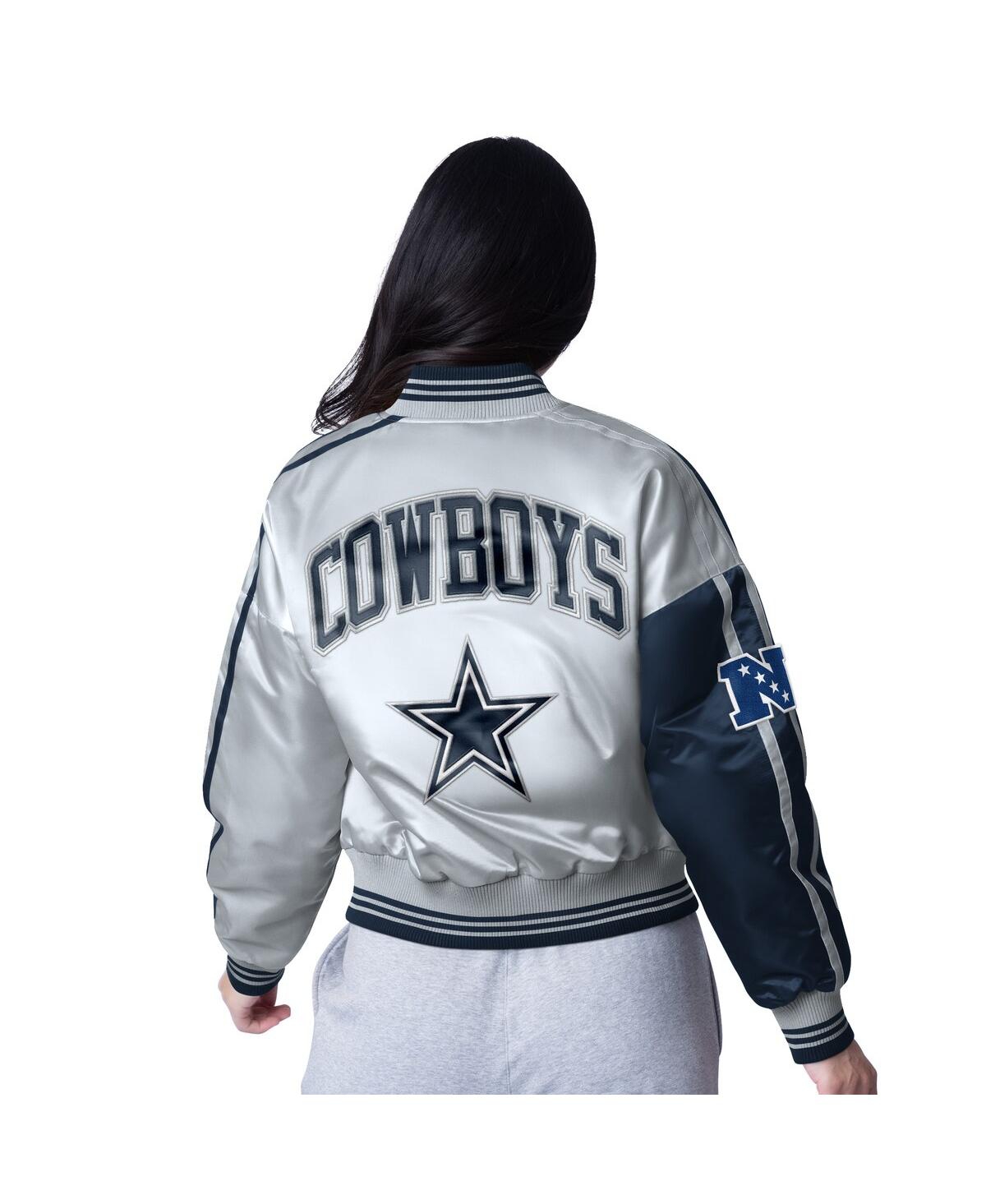 Starter Women's Navy/silver Dallas Cowboys Zone Blitz Cropped Full-snap Satin Jacket In Navy,silver