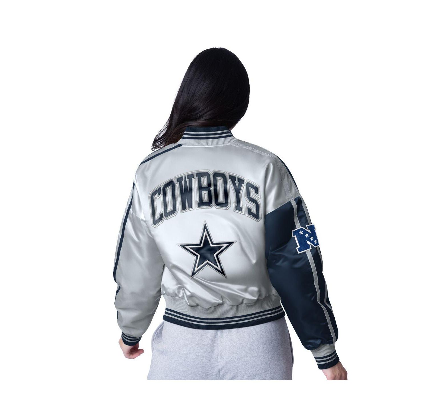Women's Navy/Silver Dallas Cowboys Zone Blitz Cropped Full-Snap Satin Jacket