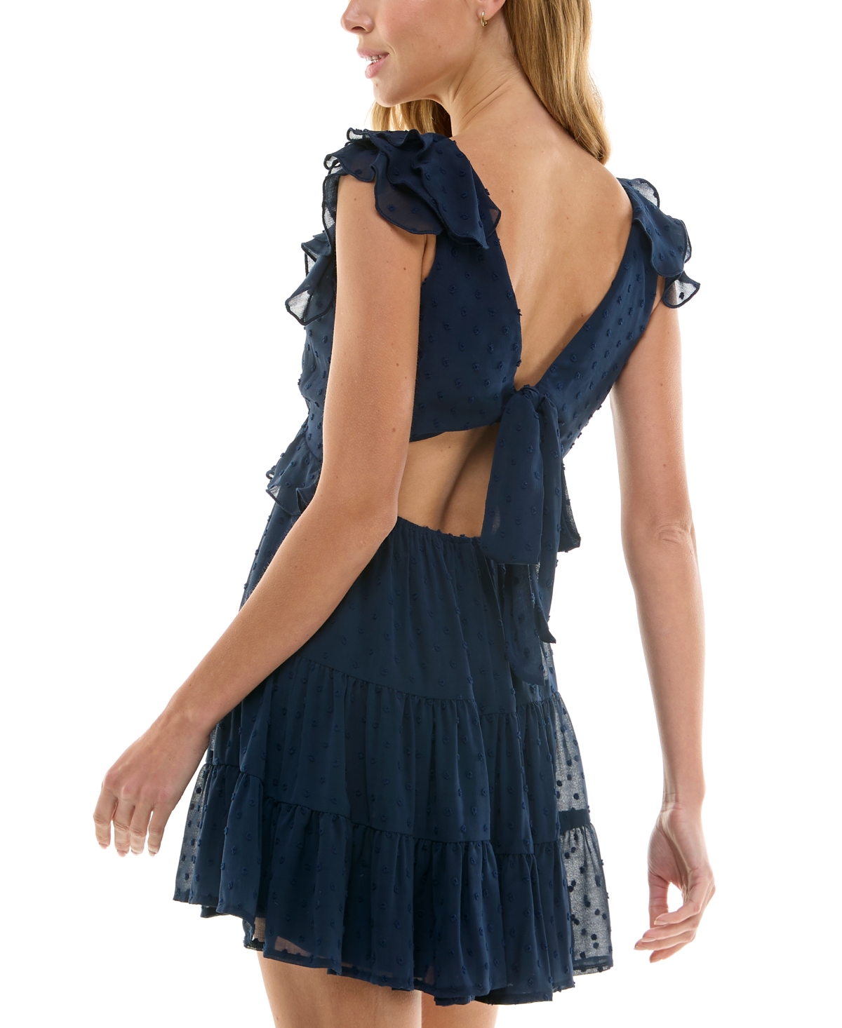 Trixxi Juniors' Clip-dot Ruffled V-neck Tiered Dress In Navy