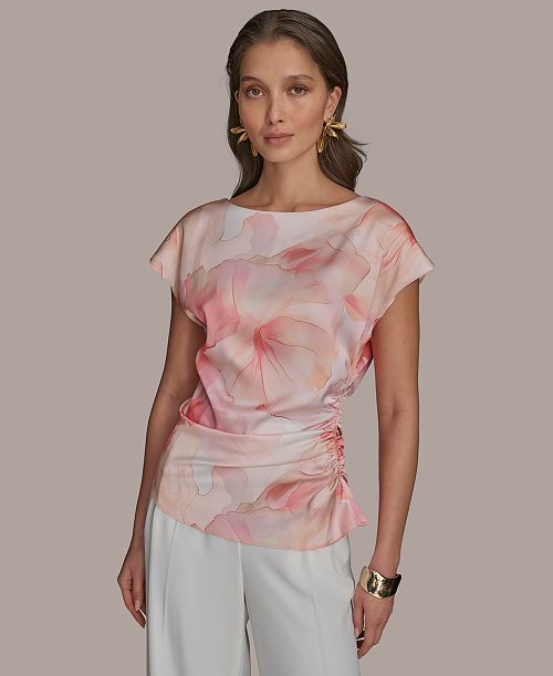 alfani Donna Karan New York Women's Printed Short Sleeve Blouse Women's Fashion Shoes & Accessories