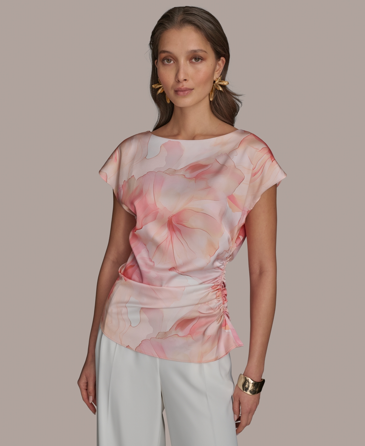 Women's Printed Short Sleeve Blouse - Apricot Multi