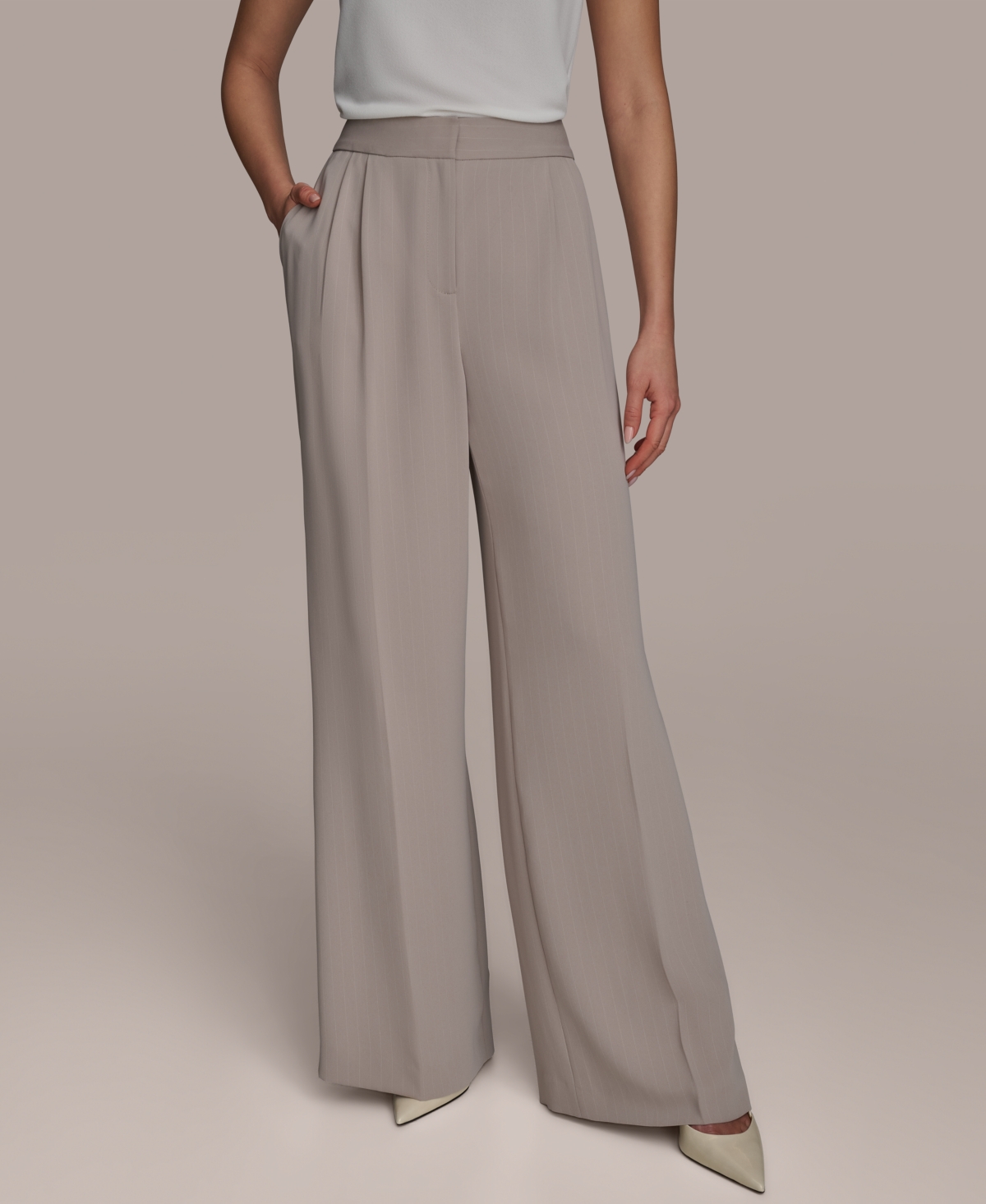 Women's Pinstripe Wide-Leg Pants, Regular & Petite Sizes - Cobblestone/cream