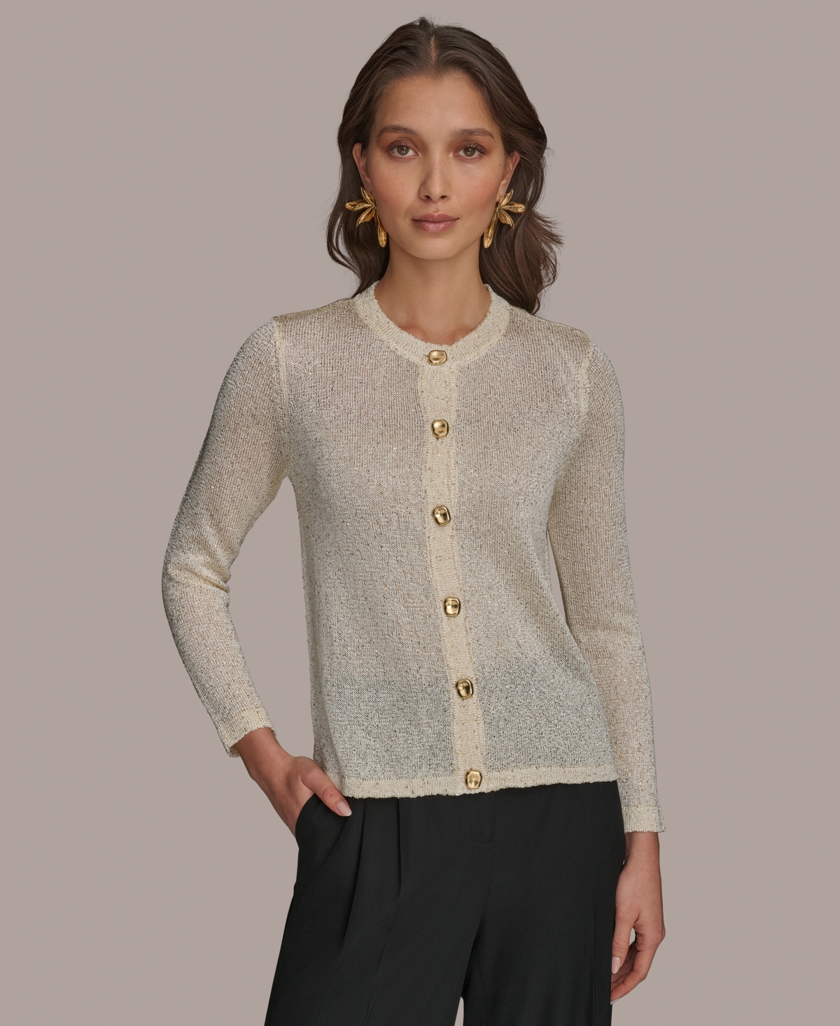 Shop Donna Karan Women's Metallic Cardigan In Cream,gold