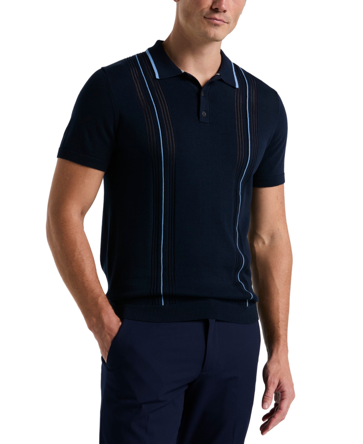 Men's Short Sleeve Cotton Mesh Vertical Stripe Polo Shirt - Dark Sapphire