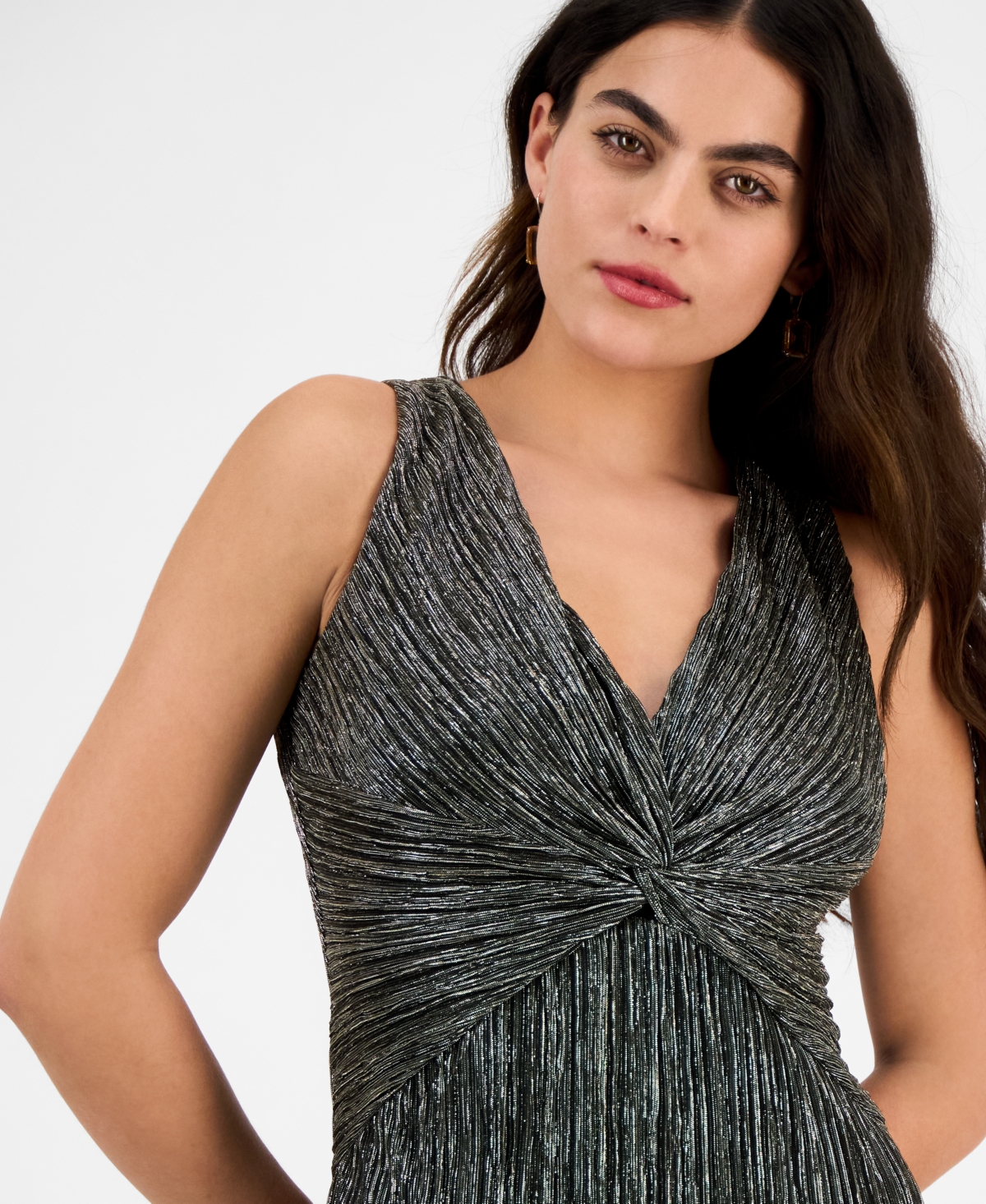 Connected Petite Metallic V-neck Twist-front Gown In Gold