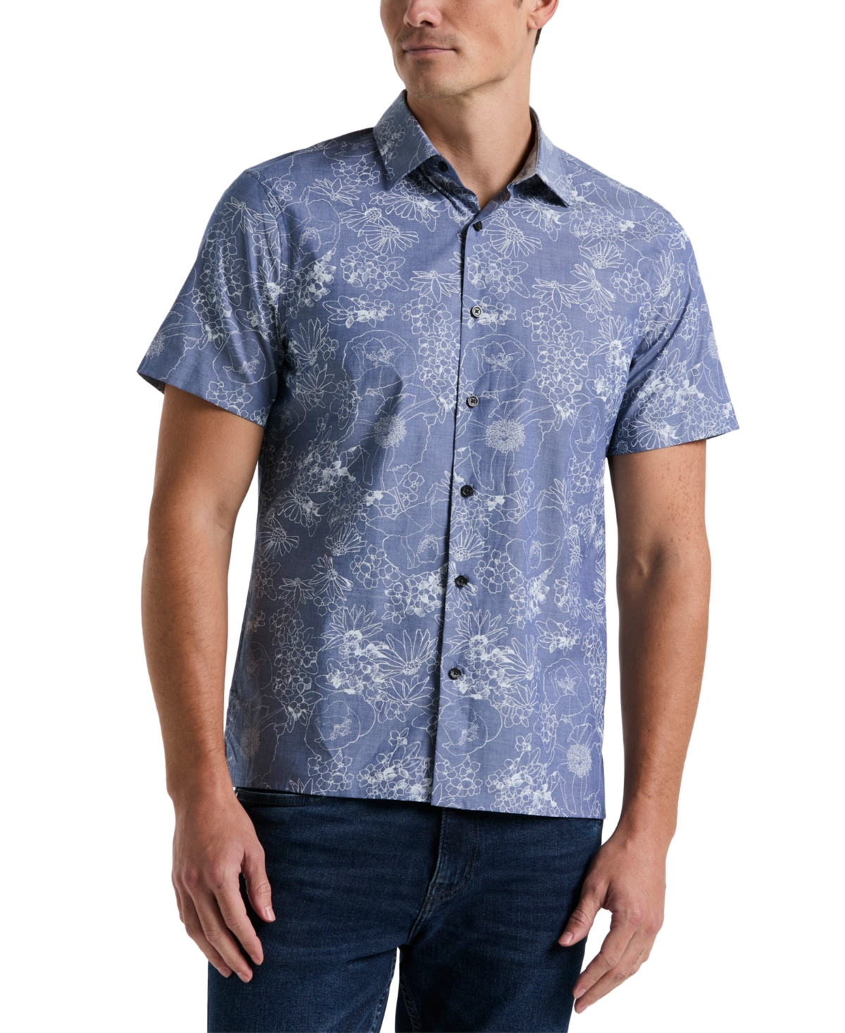 Men's Chambray Floral Print Short Sleeve Button-Front Shirt - Dark Sapphire