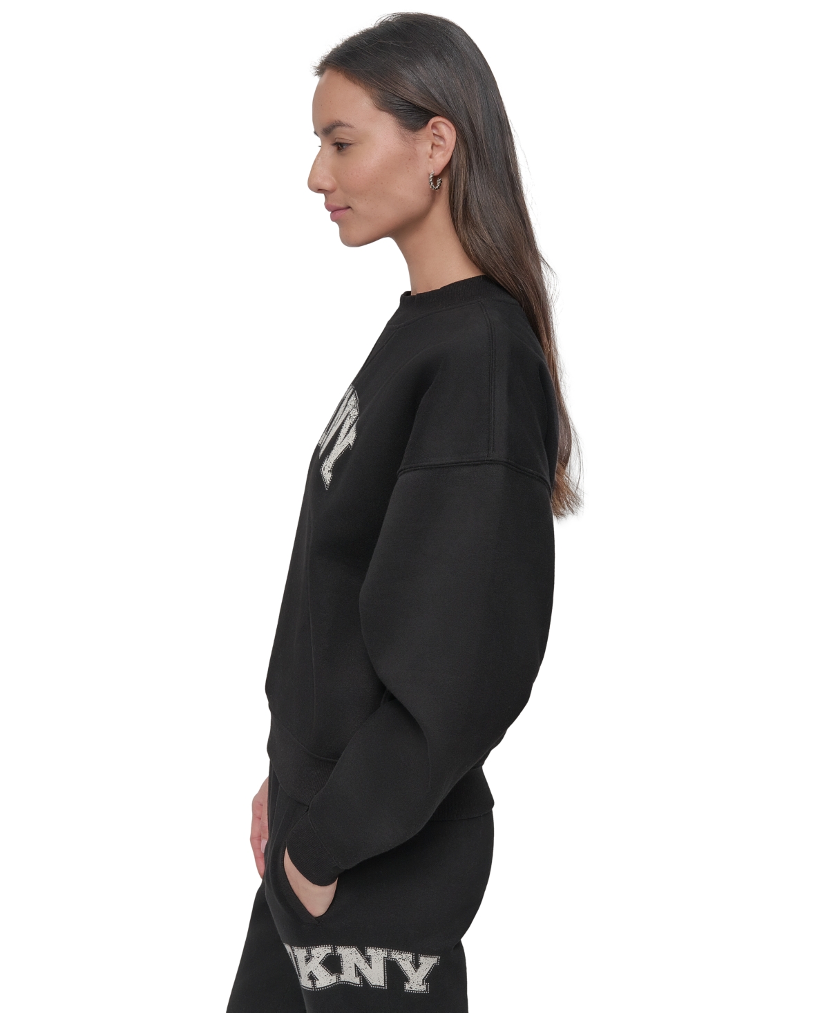 Dkny Sport Women's Rhinestone Logo Crewneck Top In Black