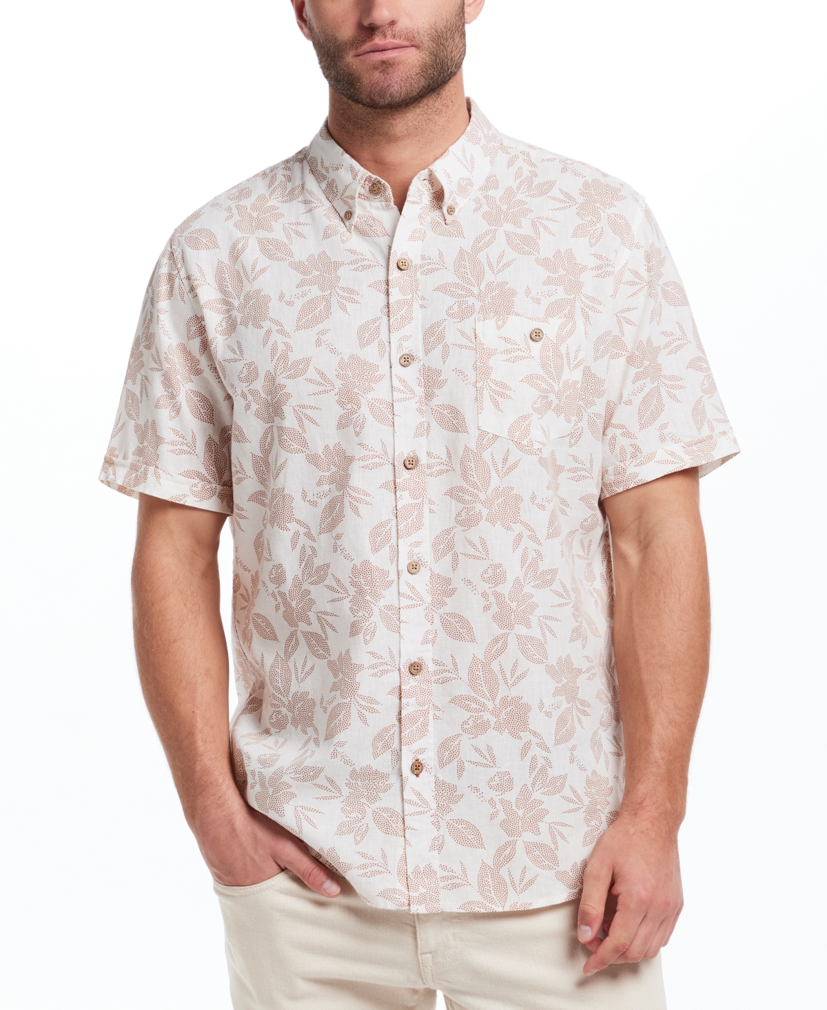 Men's Short Sleeve Print Linen Cotton Shirt - Hedge Green