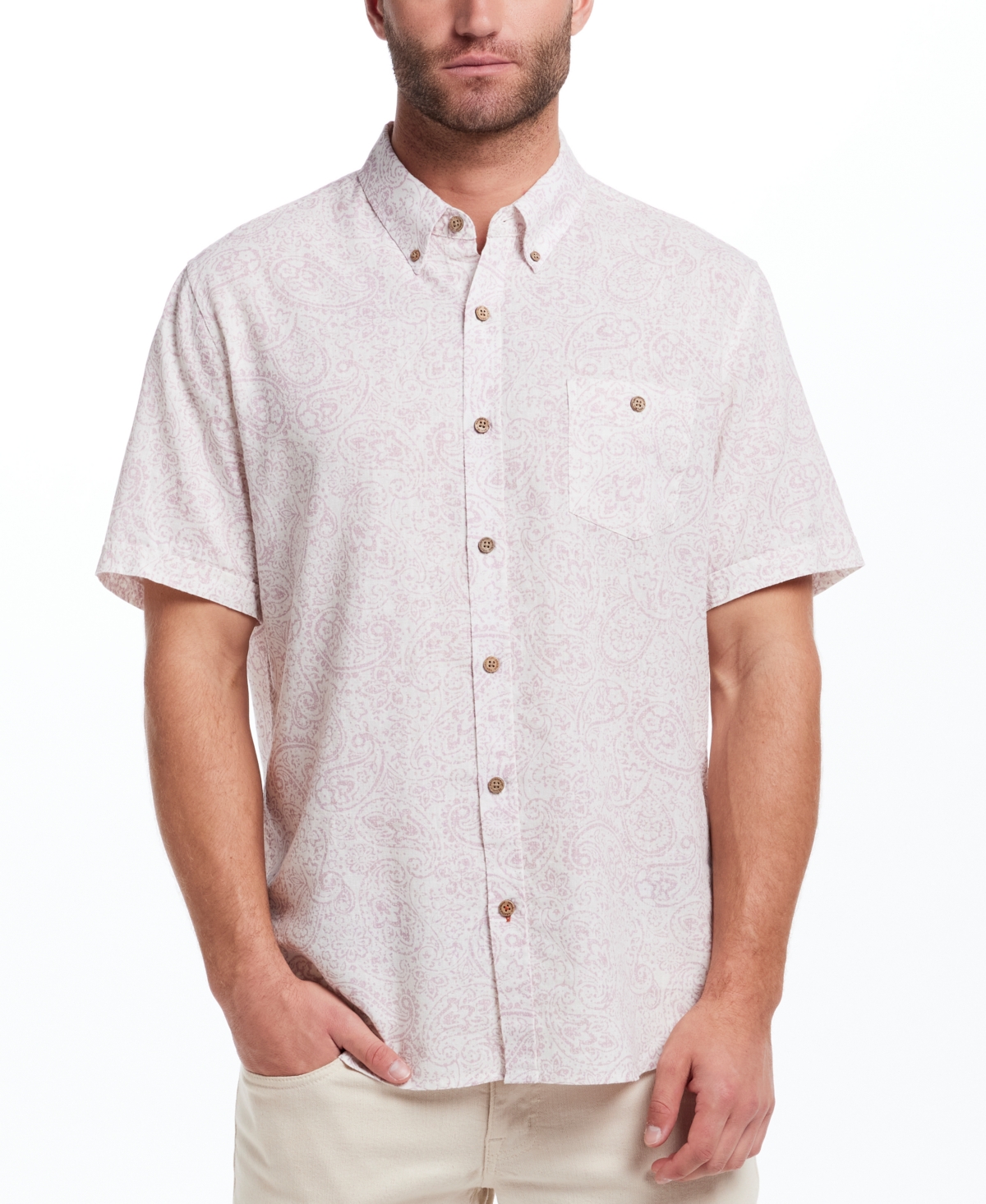 Men's Short Sleeve Print Linen Cotton Shirt - Hedge Green