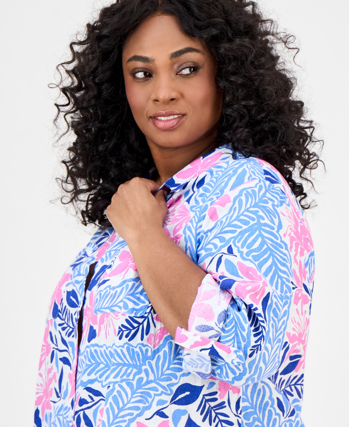 CHARTER CLUB PLUS SIZE PRINTED FLORAL LINEN SHIRT, EXCLUSIVELY AT MACY'S 