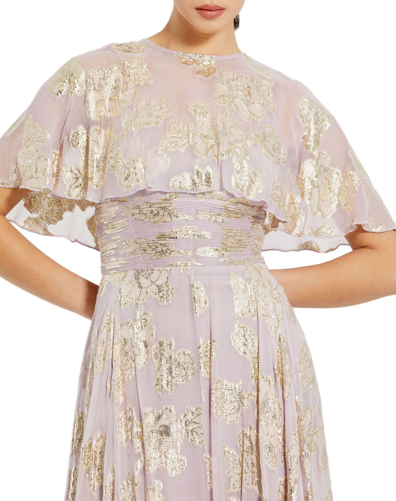 Women's Floral Print High Neck Cape Sleeve A Line Gown