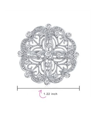 Floral Heart Filigree CZ Brooch Pin Silver Brass