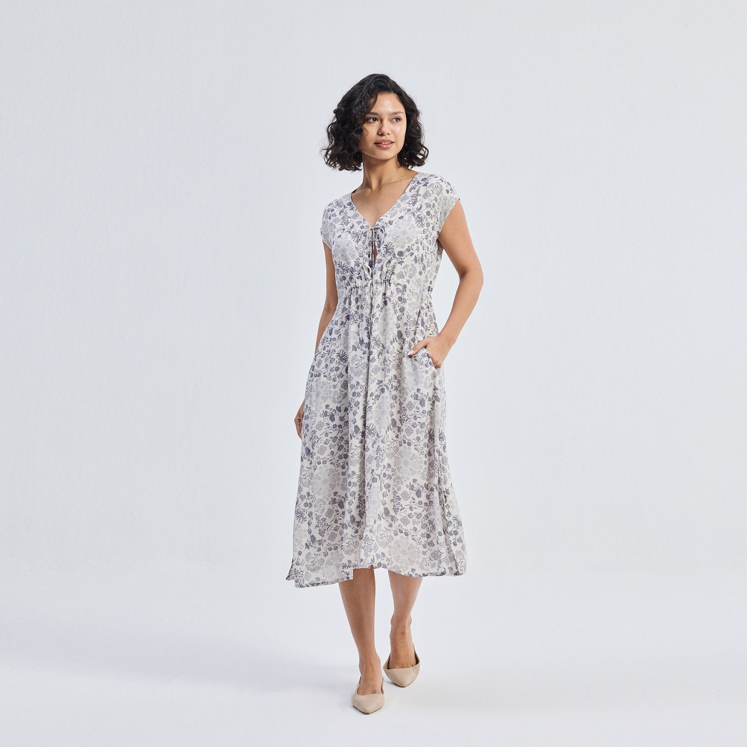 Women's Deep V-neck Gathered Dress in Florals