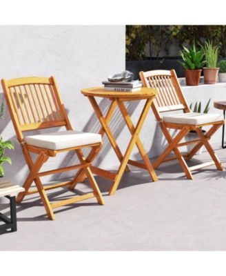 3 PCS Acacia Wood Patio Bistro Set Folding Table & Chairs Set with Cushions
