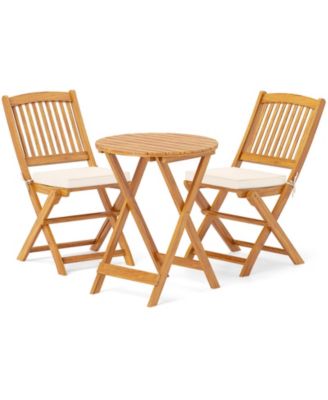 3 PCS Acacia Wood Patio Bistro Set Folding Table & Chairs Set with Cushions