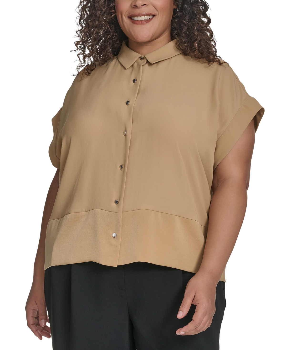 Plus Size Reverse-Satin-Trim Cap-Sleeve Blouse - Camel