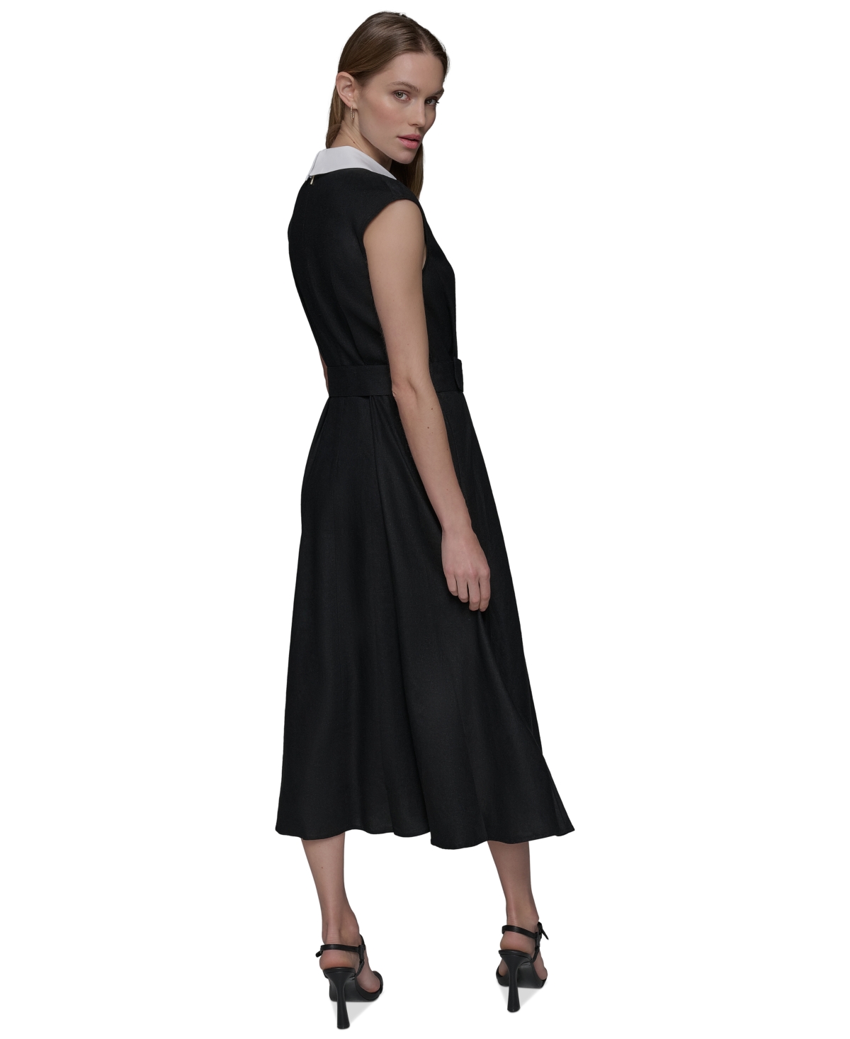 Shop Karl Lagerfeld Women's Belted Short-sleeve Midi Dress In Blk,sft Wt
